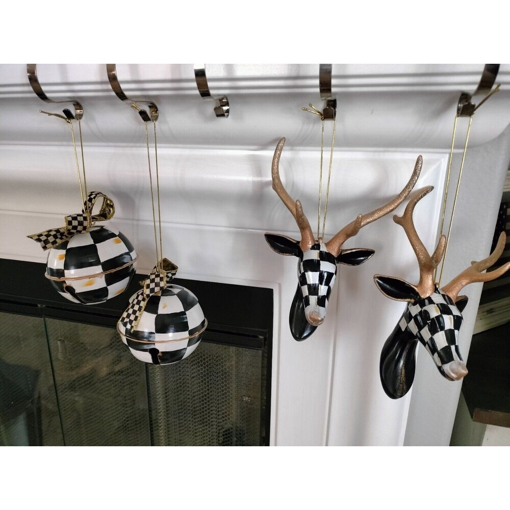Set 2 Reindeer Deer Christmas Ornament 10 x 5" Hand Painted Black White Checks